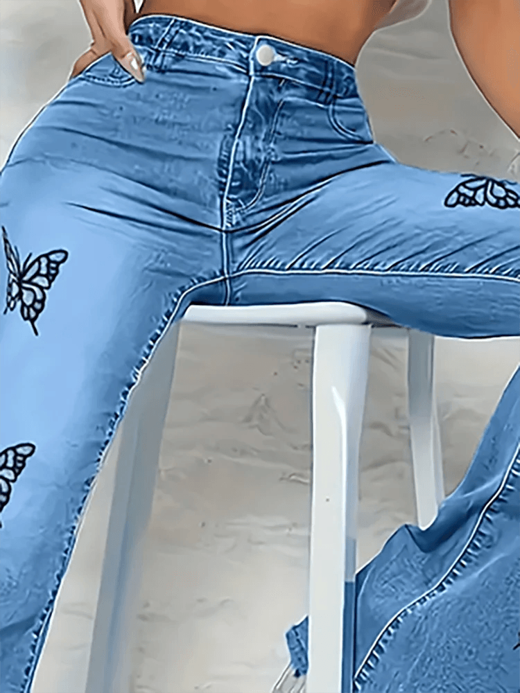 Y2K High-Waist Butterfly Print Flare Jeans – Trendy & Loose-Fit Fall Denim - JVMCL