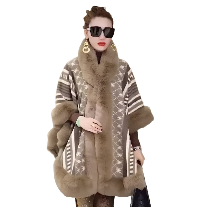 Winter Warm Star-Printed Poncho for Women - Faux Rabbit Fur Collar Cape - JVMCL