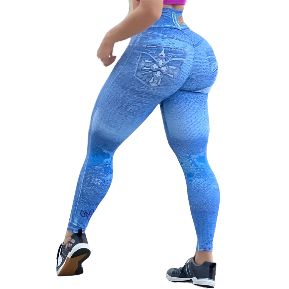 Zipper Denim Print High-Waist Push-Up Leggings – Stylish & Sporty Workout Tights - JVMCL