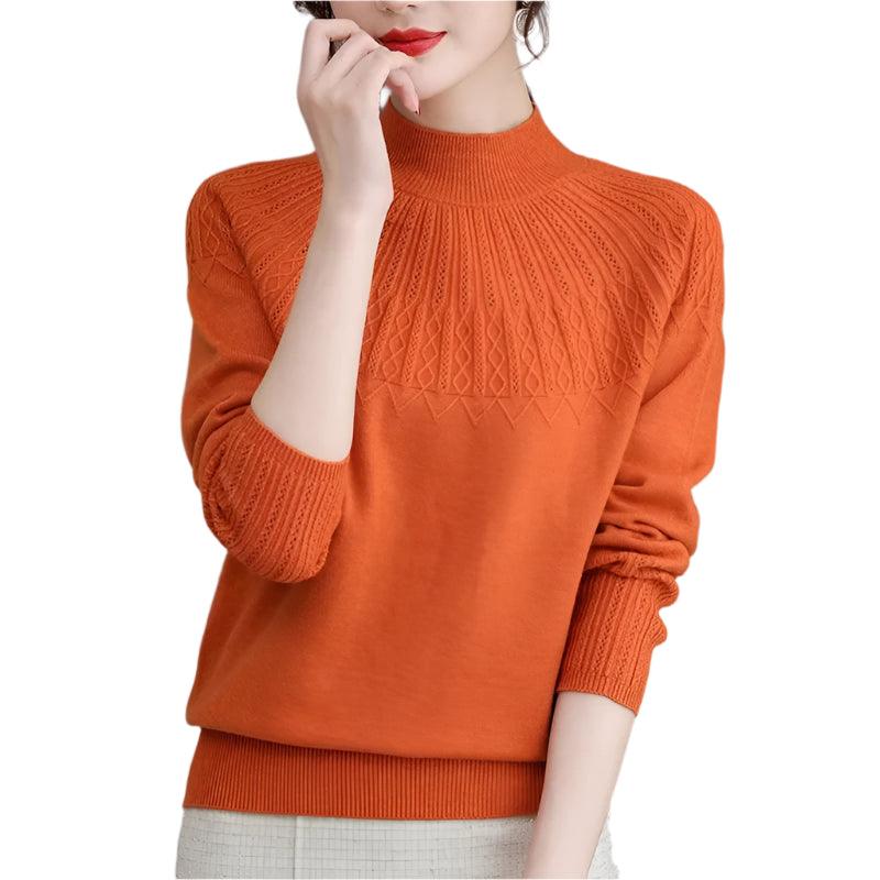 Women's Solid Half-High Collar Cashmere Sweater – Loose Knit Wool Casual Top - JVMCL