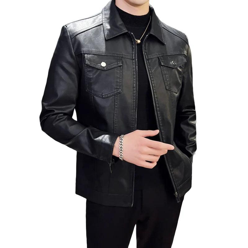 Men’s Fashion High-grade Lapel Business Outdoor Sports Motorcycle Leather Jacket - JVMCL