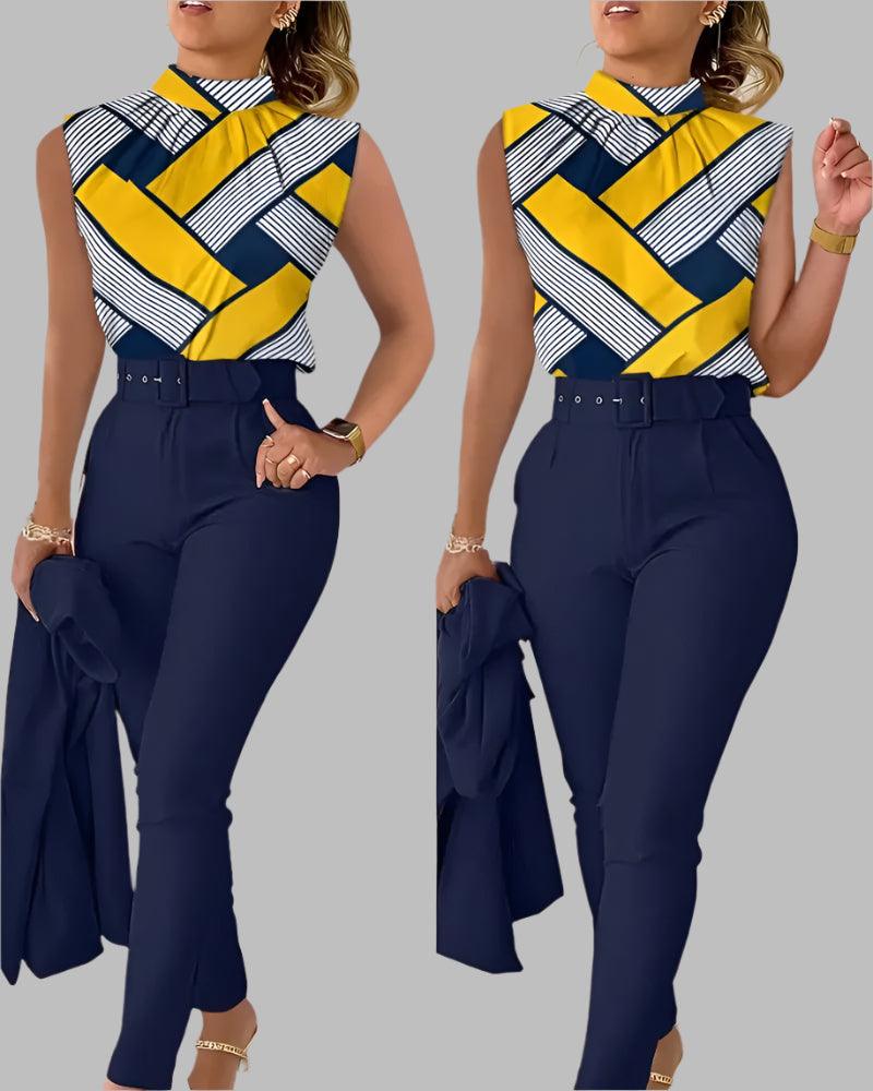 Elegant Summer Denim Blue 2-Piece Set – Stand Collar Sleeveless Top & High-Waist Pants - JVMCL