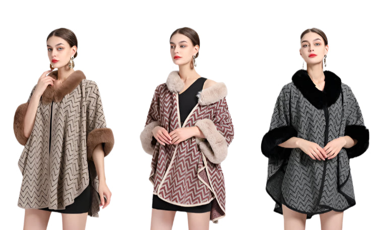 Winter Wave Striped Knit Faux Rabbit Fur Collar & Batwing Sleeves Poncho Cloak