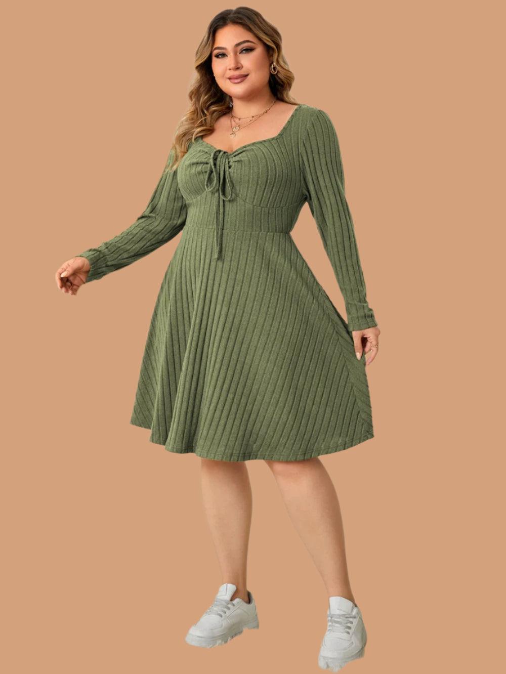 Long Sleeve Ribbed Plus Size Sweetheart Neck Knot Front A-Line Dress - JVMCL