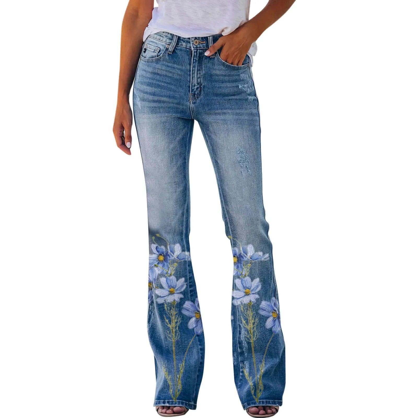 Retro Floral Printed Flared Jeans – Vintage Streetwear Bell Bottom Denim - JVMCL