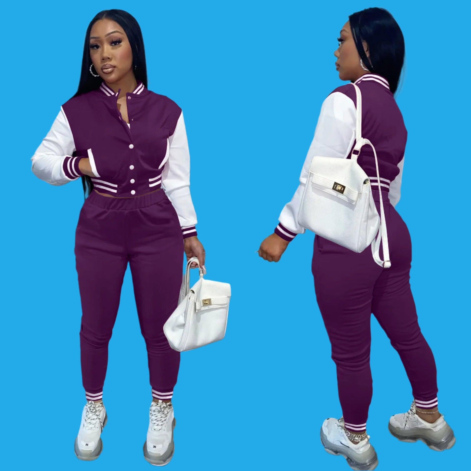 Autumn Two-Piece Women's Sports Suit - Baseball Jacket and Drawstring Pants - JVMCL