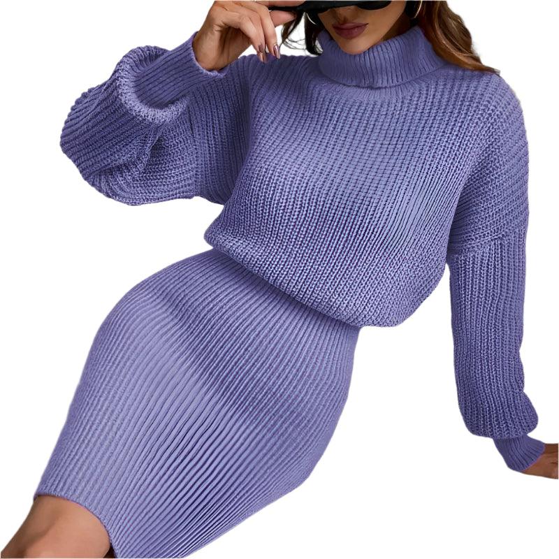 French Gentle Style High Collar Waist-Slimming Rib Knit Bottoming Purple Dress - JVMCL