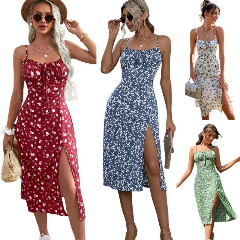 Elegant Floral Print Summer Split Dress - Slim Waist Spaghetti Strap Sheath Dress - JVMCL