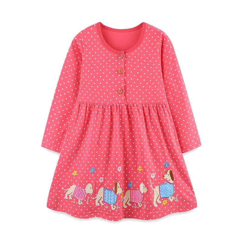 Adorable Animal Applique Princess Dress – Long Sleeve Girls' Party & School Outfit - JVMCL