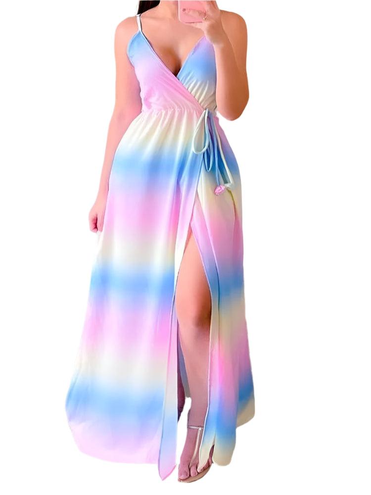 Gradient Print Maxi Sundress – Sexy V-Neck Spaghetti Strap Summer Dress - JVMCL