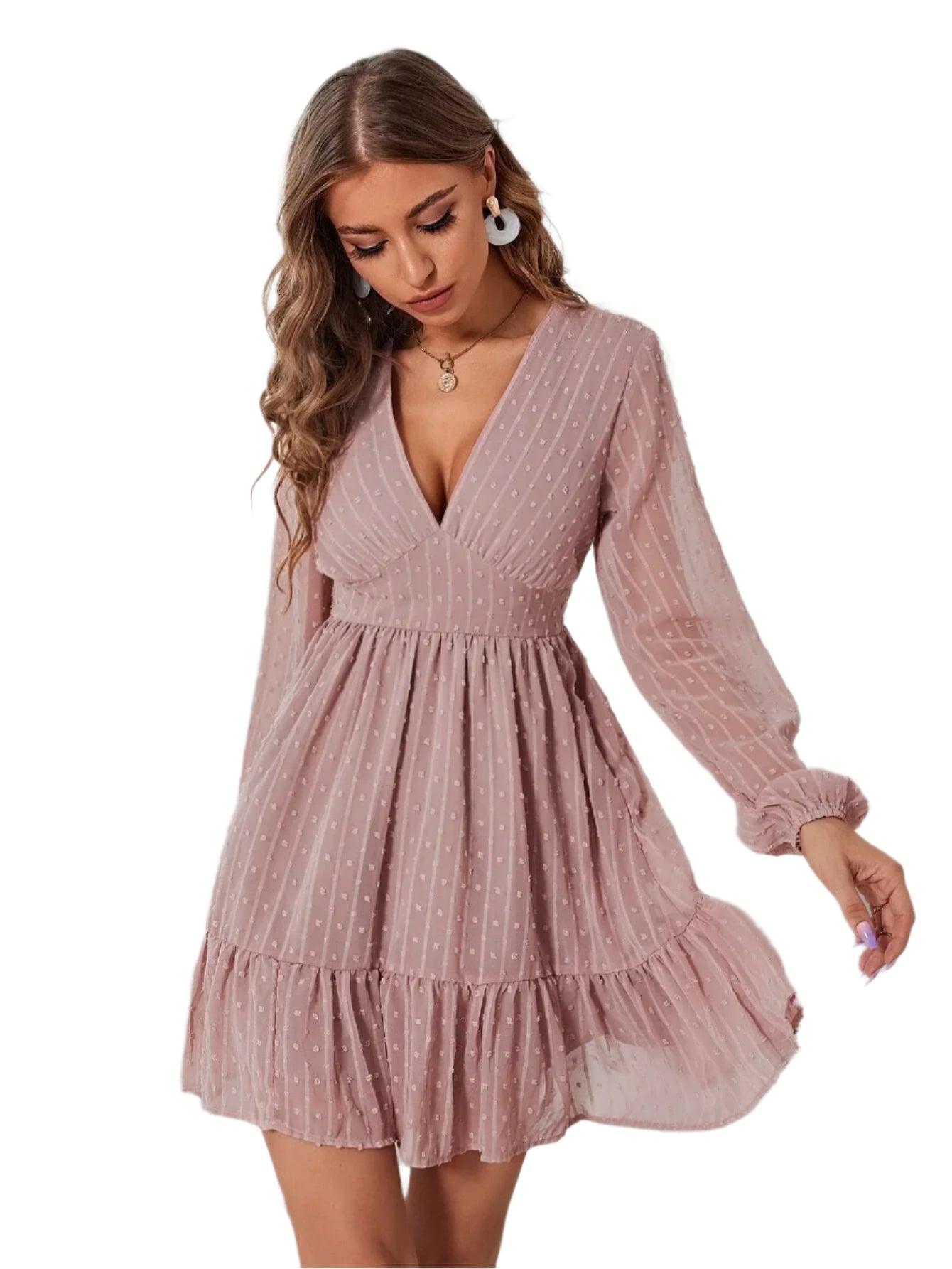 Lantern Sleeve Solid Color Long Sleeve V-Neck High Waist Women's Short Dress - JVMCL