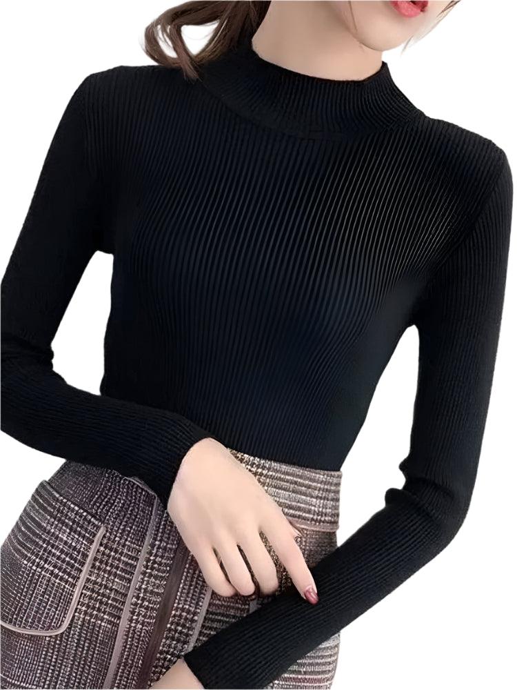 Autumn Winter Mock Neck Women Sweater - Vintage Basic Slim Knitted Casual Pullover - JVMCL