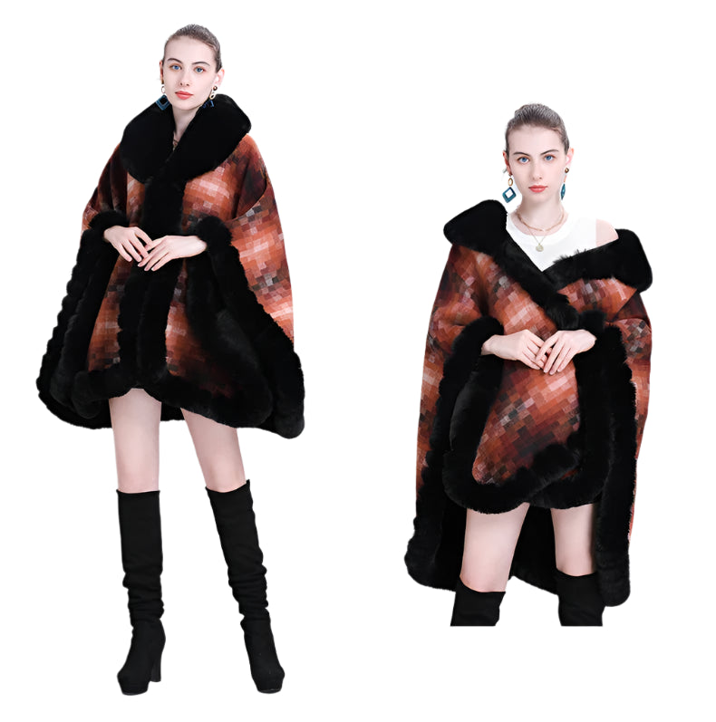 Women's Thicken Lining Woolen Faux Rabbit Fur Cloak Overcoat - Vintage Winter Cape - JVMCL