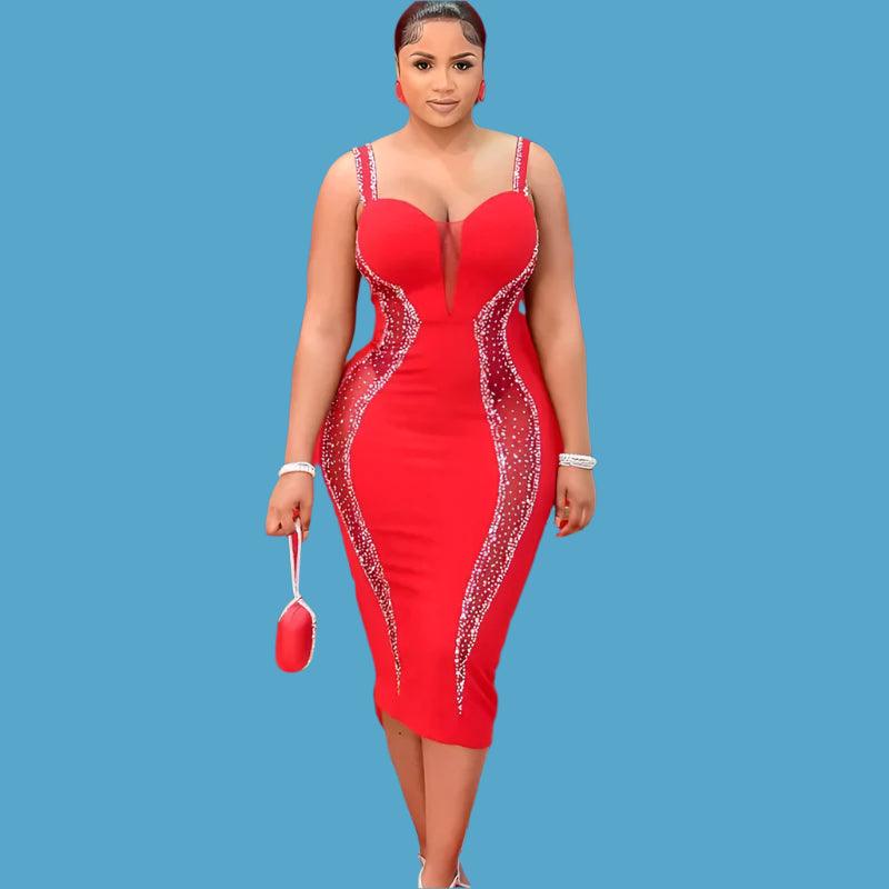 Sexy Spaghetti Strap V-Neck Bandage Bodycon Dress - Elegant Patchwork Midi Dress - JVMCL