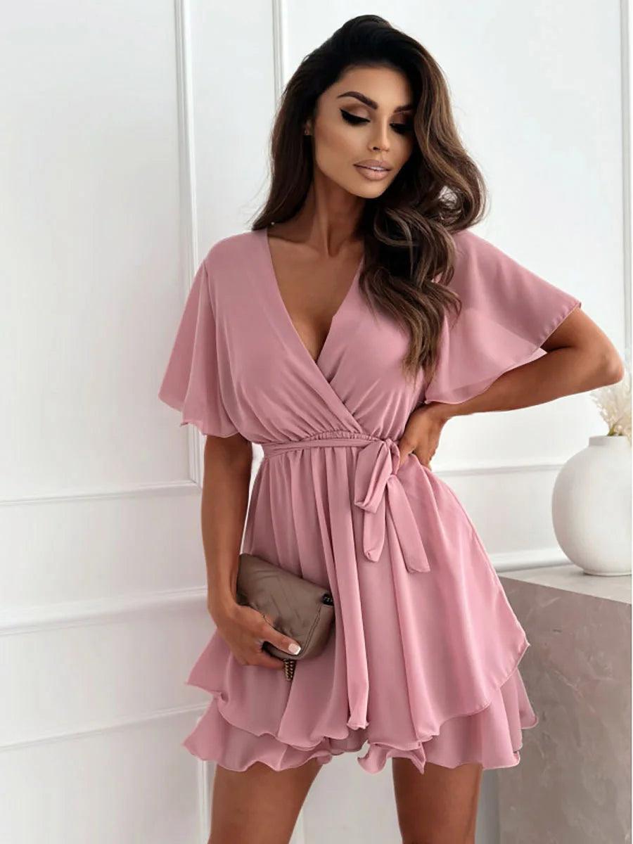 Sexy V-Neck Cross Strap Mini Chiffon Dress – Elegant Summer Party Dress for Women - JVMCL