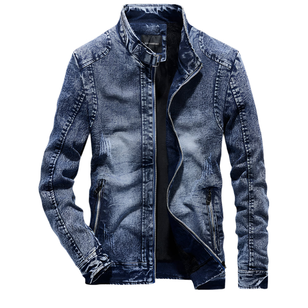 Men’s Slim-Fit Mandarin Collar Zipper-Up Outerwear Denim Jacket