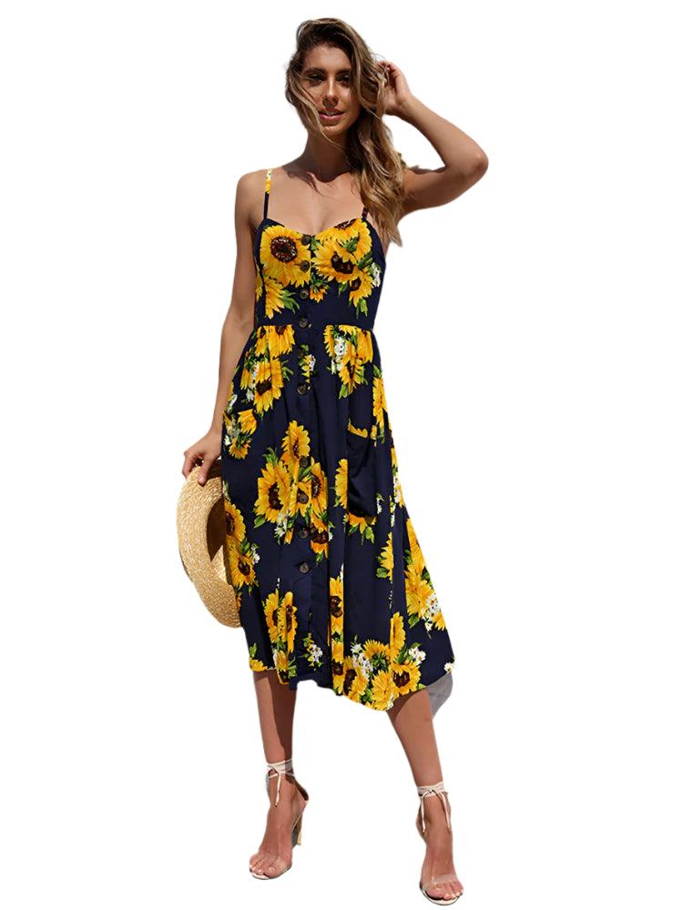 Elegance and Vintage Striped Floral Button-Up Boho Midi Sundress - JVMCL