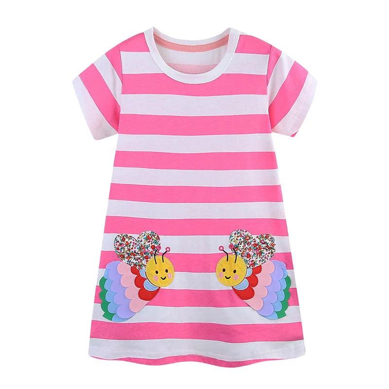 Adorable Bees Applique Striped Princess Dress – Summer Cotton Frock for Girls - JVMCL