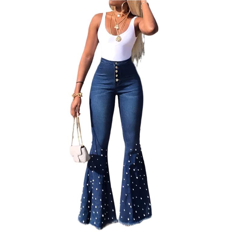 High-Waist Beaded Flared Denim Jeans – Stretchy & Stylish Streetwear - JVMCL