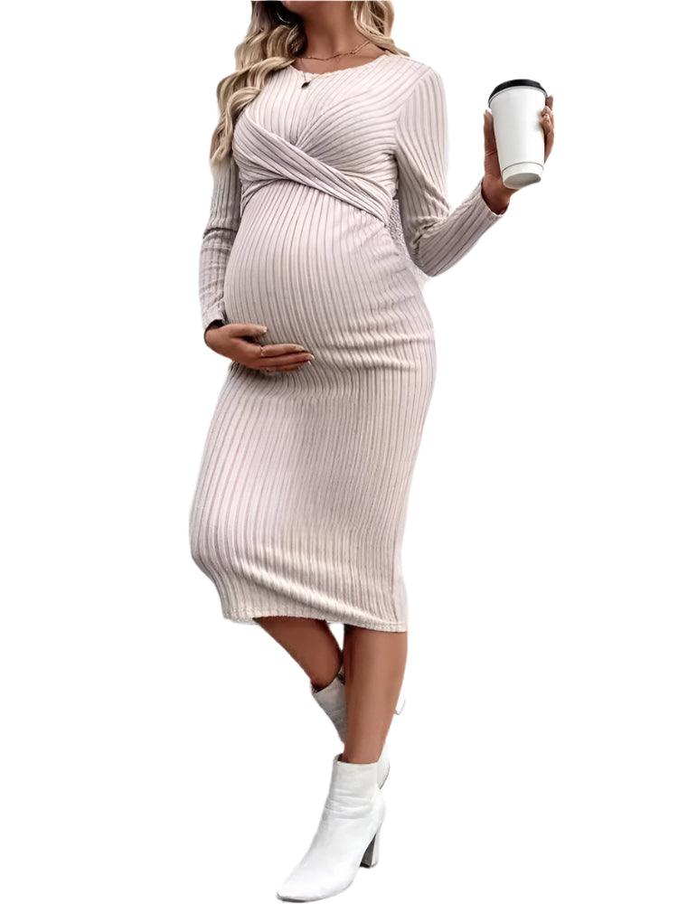 Elegant Knit Maternity Dress –Slim Fit Solid Color Long Sleeve Sheath for Autumn - JVMCL