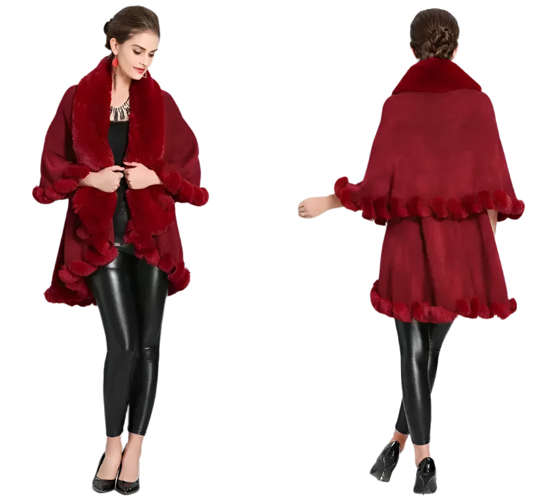 Women's Winter Knitted Poncho Cloak – Faux Rex Rabbit Fur Collar Pashmina Wrap