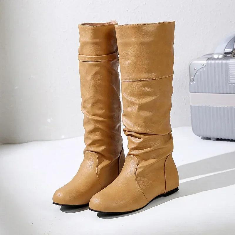 Women's Comfortable Fashion Pleated Long Mid-Calf Slip-On Winter Boots - JVMCL