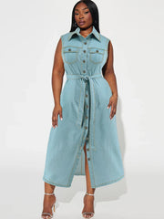 Elegant Chic Comfortable Sky Blue Sleeveless Denim Summer Fashion Maxi Dress