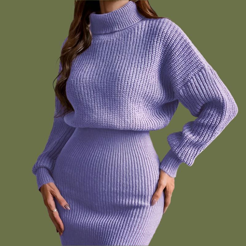 French Gentle Style High Collar Waist-Slimming Rib Knit Bottoming Purple Dress - JVMCL