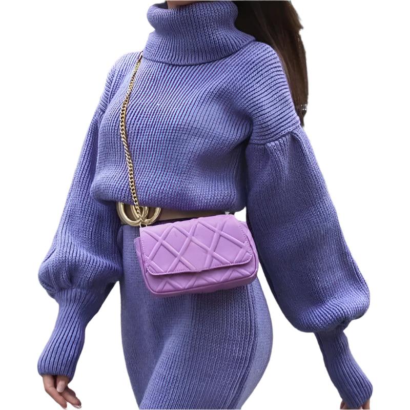 French Gentle Style High Collar Waist-Slimming Rib Knit Bottoming Purple Dress - JVMCL