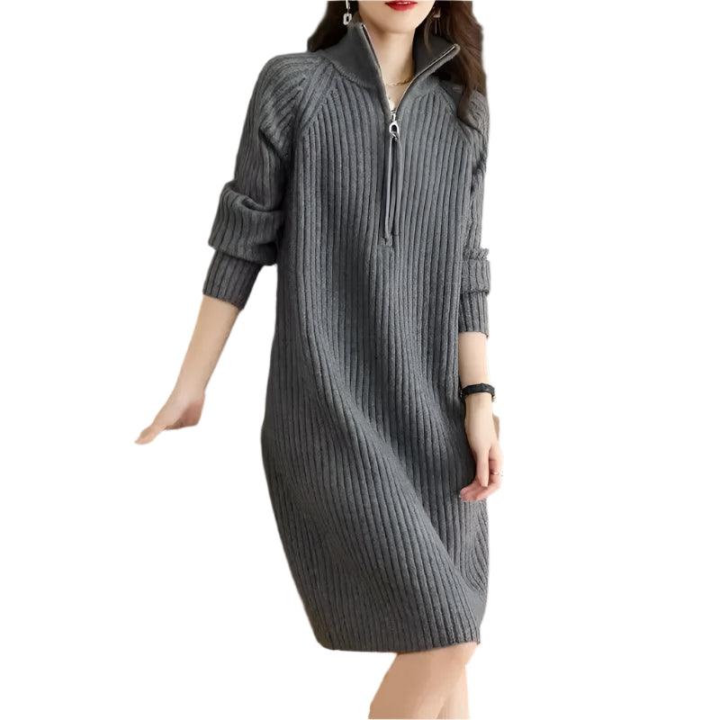 Autumn/Winter Medium Length Half Zipper Loose Casual Long Sleeve Trendy Knitted Dress - JVMCL