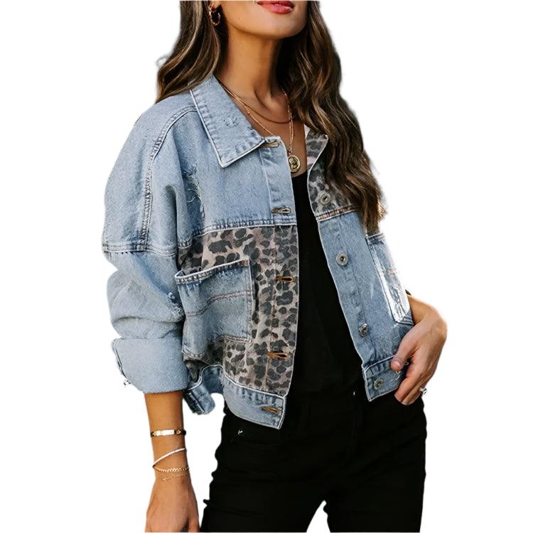 Trendy Patchwork Design Women's Leopard Stitching Comfortable Denim Jacket - JVMCL