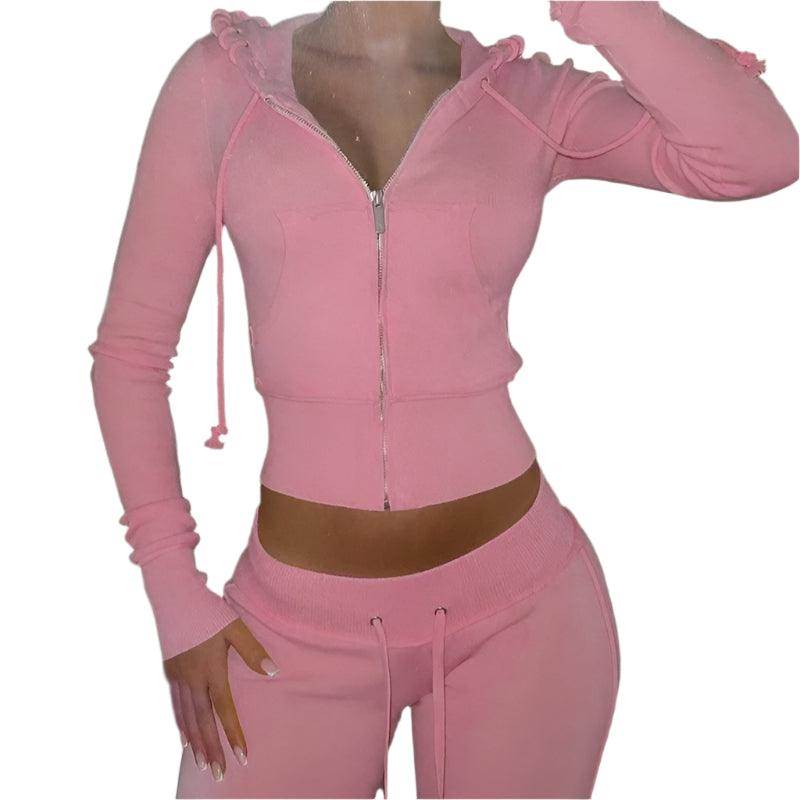 Color Patchwork Women’s Two-Piece Tracksuit – Zip-Up Hooded Jacket + Flare Pants - JVMCL