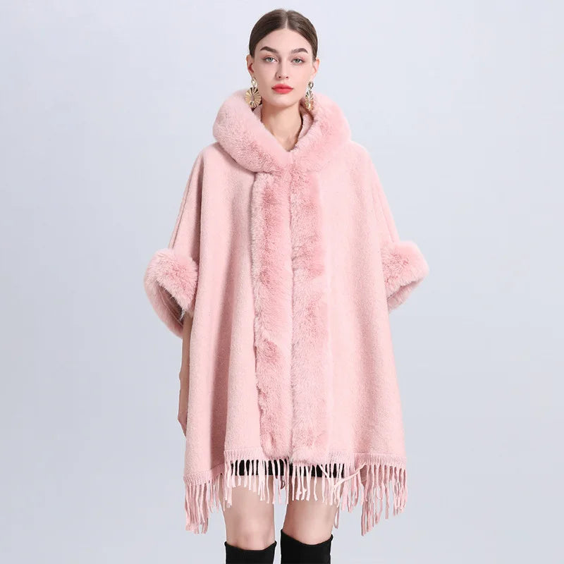 Hooded Thick Batwing Sleeve Faux Rabbit Fur Collar Velvet Cloak Tassel Poncho - JVMCL