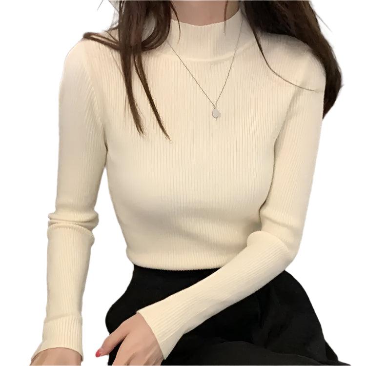 Autumn Winter Mock Neck Women Sweater - Vintage Basic Slim Knitted Casual Pullover - JVMCL