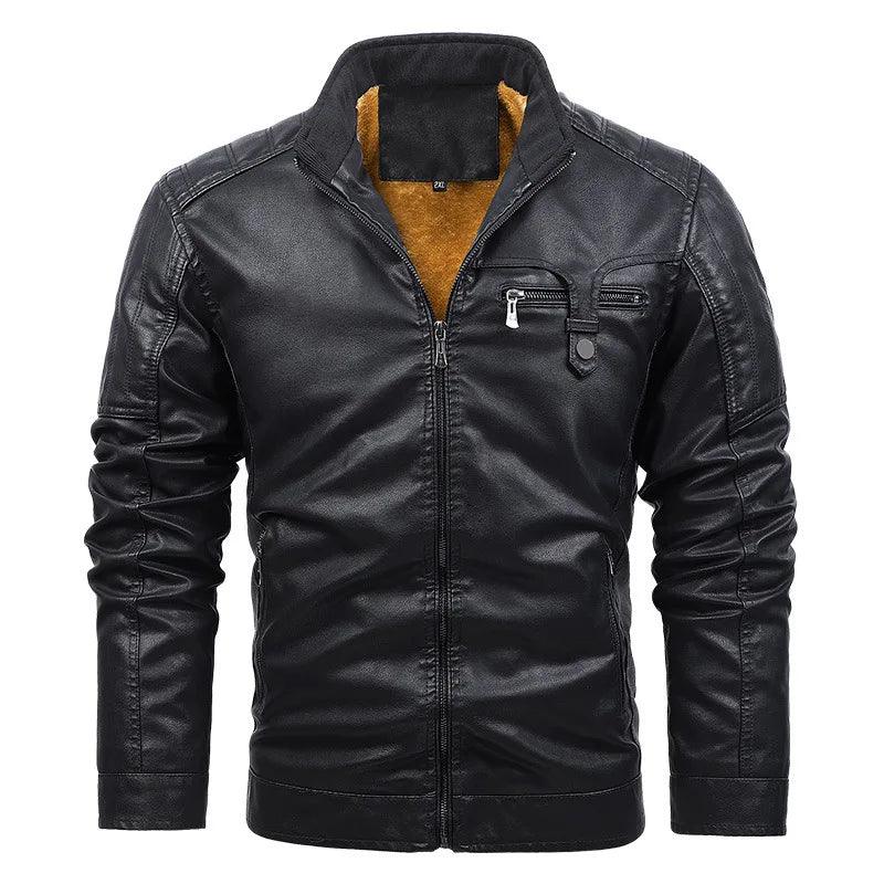 Men’s Standing Collar PU Leather Jacket – Multi-Pocket Moto & Biker Style - JVMCL