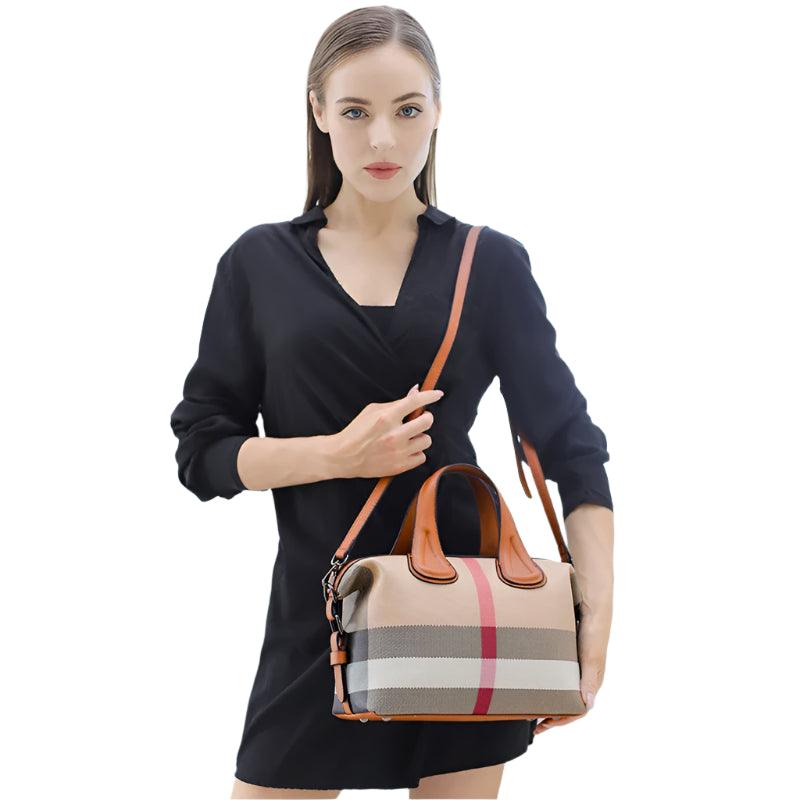 Luxury Plaid Canvas Boston Handbag – Designer Crossbody & Shoulder Bag for Women - JVMCL