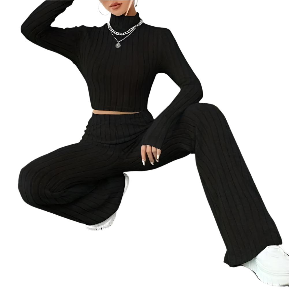 2 Pcs/Set Knitted Cozy andStylish Elegant Half-High Collar & Flare Pants Set - JVMCL