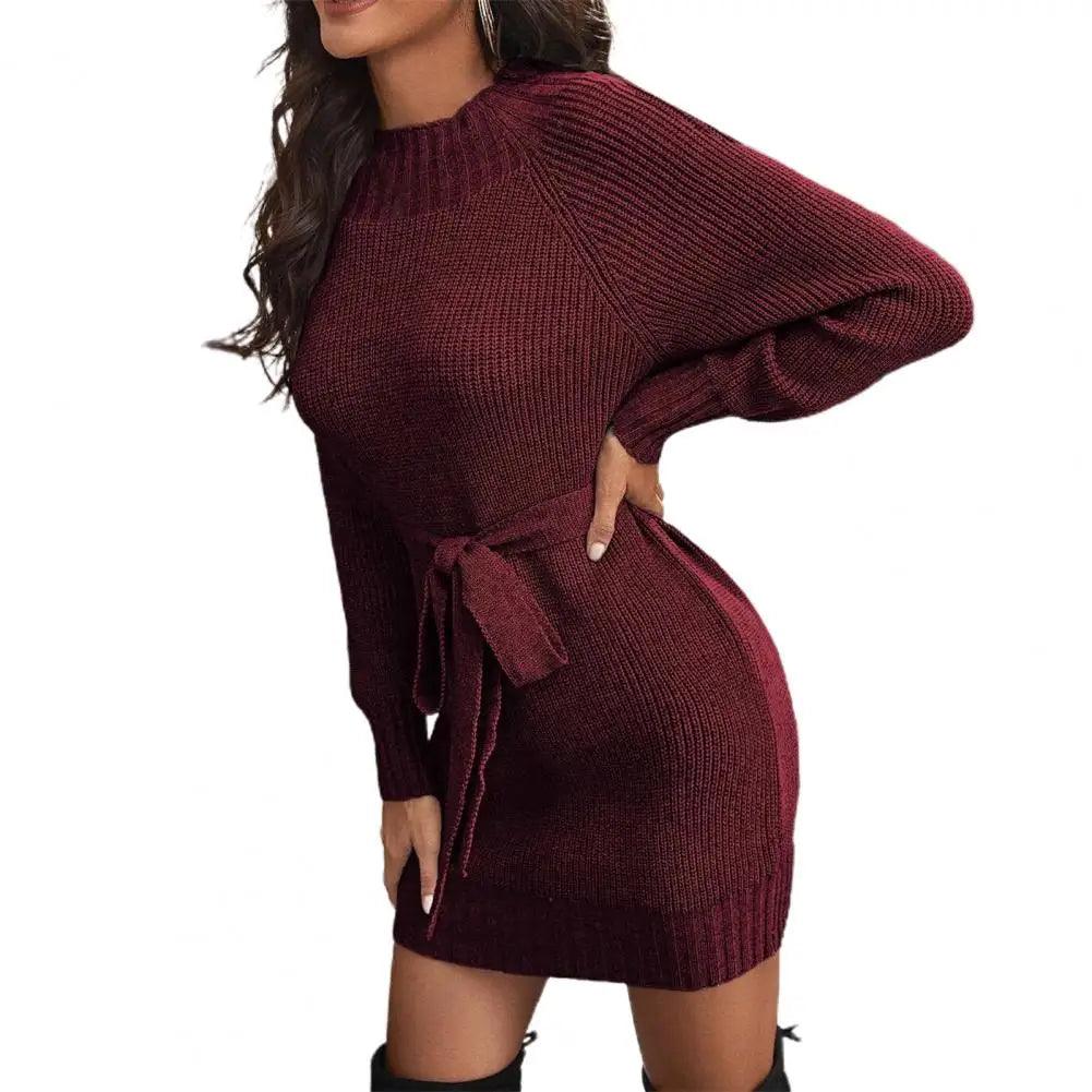 Knitted O-Neck A-line Mini Sweater Dress - Thicken and Sexy for Autumn and Winter - JVMCL