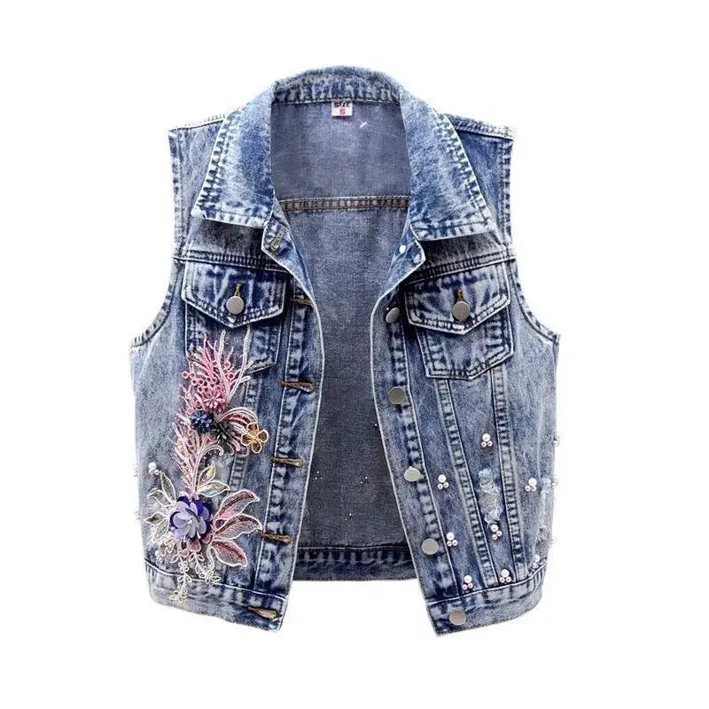 Women’s Ripped Pearl Beaded Denim Vest – Trendy Streetwear for Spring & Summer