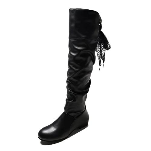 Women's Over-the-Knee Pleated Low Heel PU Casual Leather Boots - JVMCL