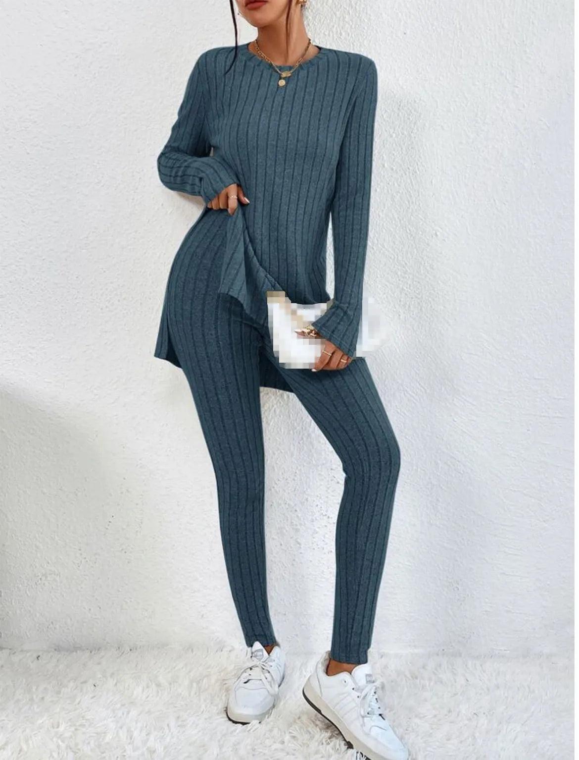 Women's Fashion Autumn Casual Set – Long Sleeve Split Shirt & High Waist Pants ✨ - JVMCL