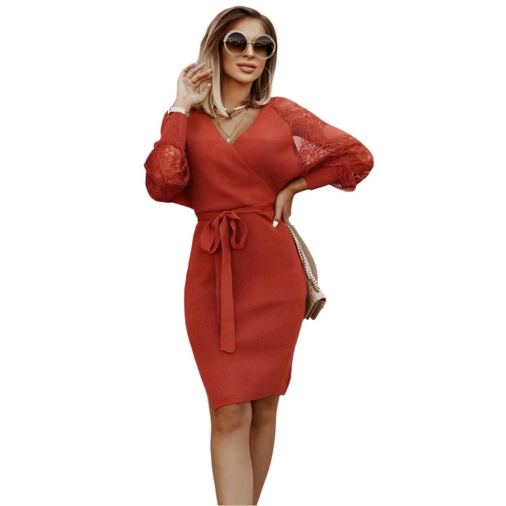 Cross-Border Fashion Lace-Up Knitted Dress – Sexy Slim Fit V-Neck Midi Sweater Dress for Women - JVMCL