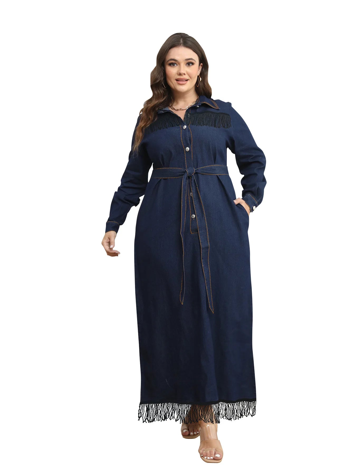 Women’s A-Line Loose-Fit Casual Plus Size Denim Fringe Ruffle Dress