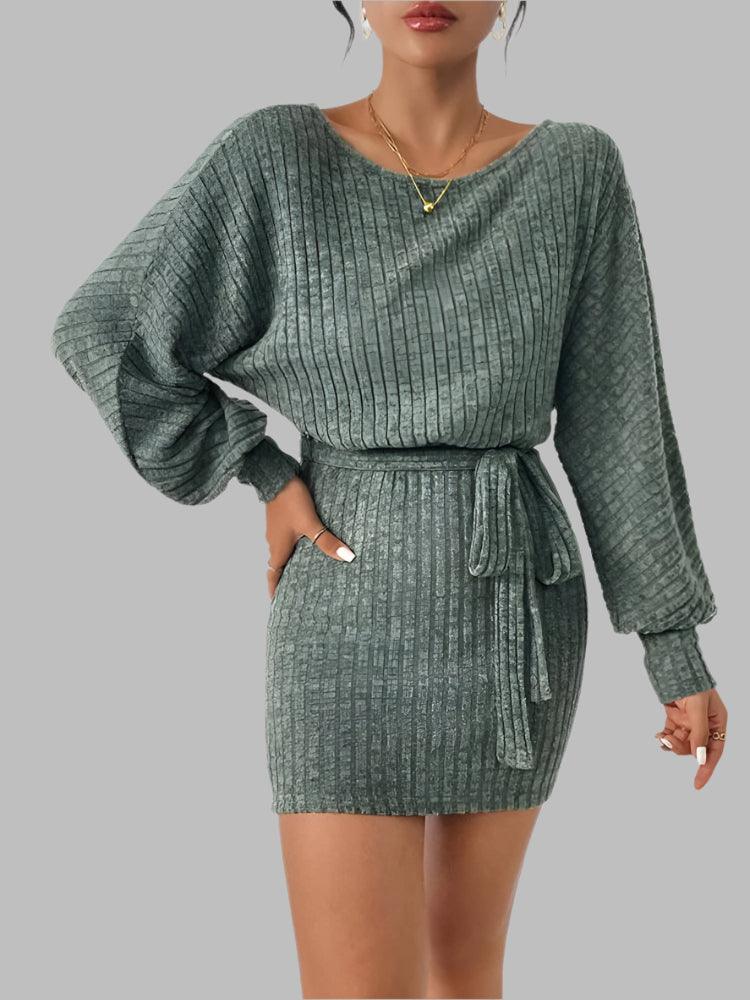 Fashion Round Neck Striped Green Lace Knit Striped Texture Bag Arm Dress - JVMCL