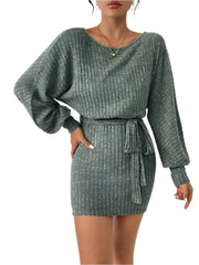 Fashion Round Neck Striped Green Lace Knit Solid Color Bag Arm Commuter Dress - JVMCL