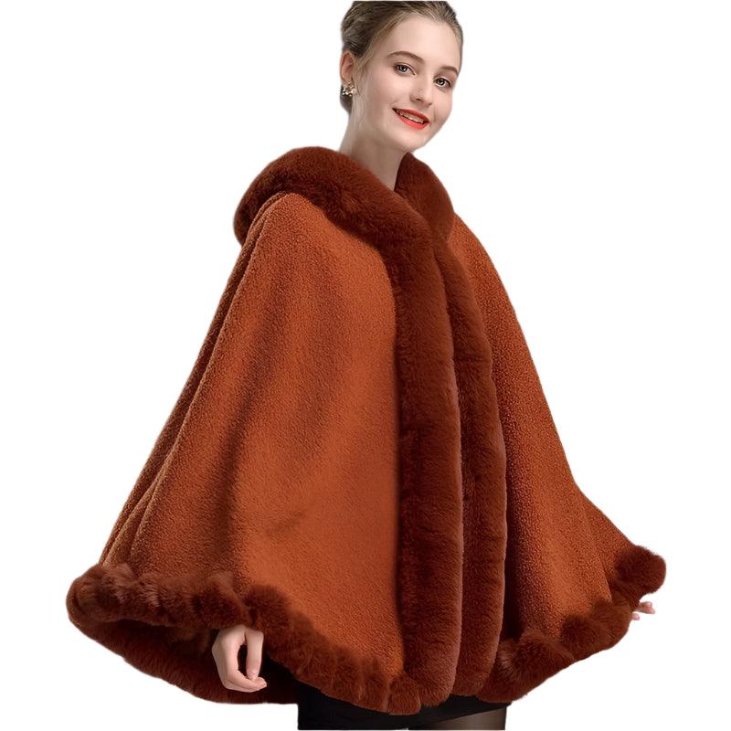 Luxury Winter Rabbit Fur Collar Poncho Cape – Elegant & Cozy Outstreet Mantle - JVMCL