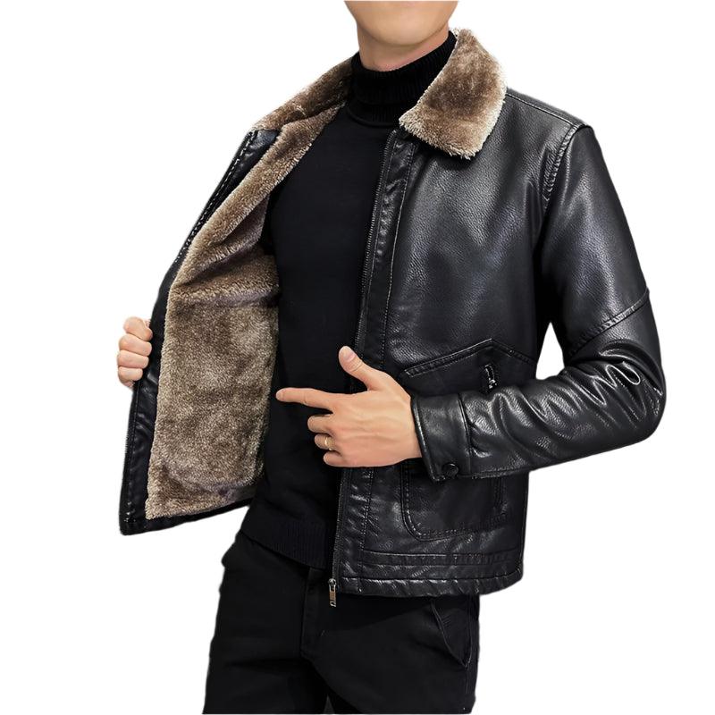 Men's Casual Motorcycle Windbreaker with Fur Collar Faux Leather Slim Fit Jacket - JVMCL