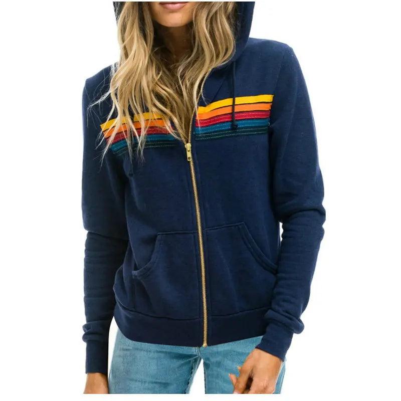 Aviator Nation 5 Stripe Rainbow Hooded Sweatshirt– Slim Fit Fleece Zip-Up Jacket - JVMCL