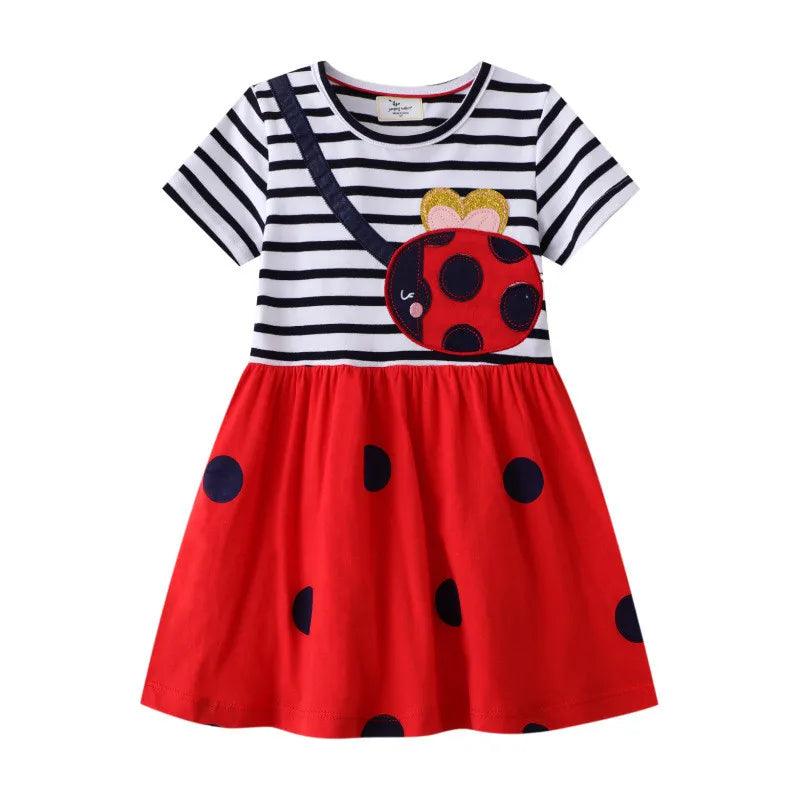 Charming Ladybug Embroidered Girls' Princess Dress –Summer Stripe Frock for Kids - JVMCL