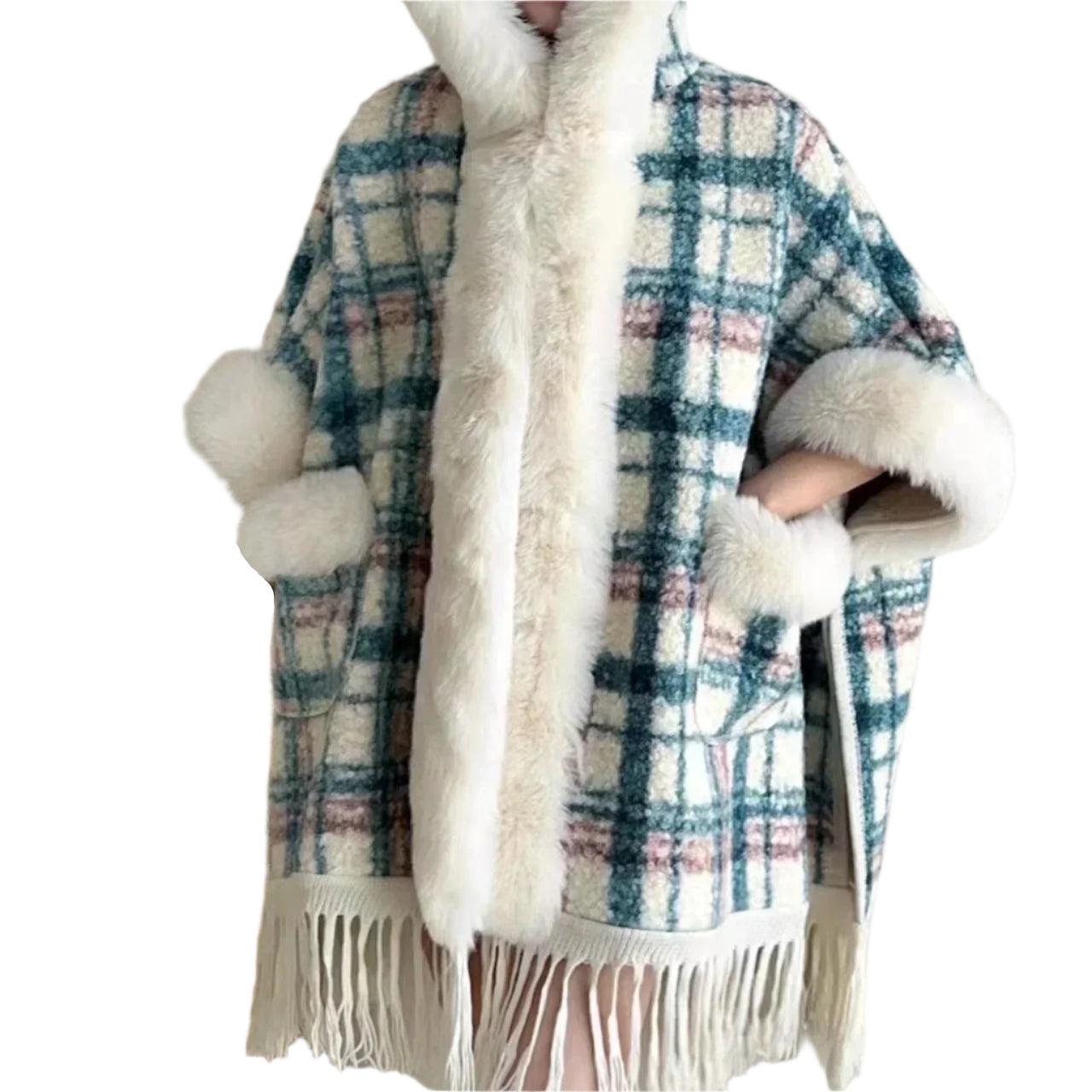 Hooded Overcoat Plaid Faux Lamb Fur Women’s Long Thick Velvet Poncho Cloak - JVMCL